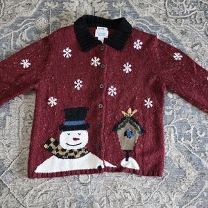 Christopher & Banks Kids Burgundy Snowman Cardigan